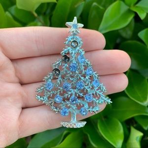 Vintage Blue & Silver Christmas Tree Brooch/Pin Blue Rhinestones